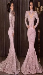 High Neck Long Sleeves Mermaid Prom Dresses Full Lace Abendkleid Vintage Baby Pink African Muslim Formelle Kleider7600396