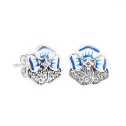 Brincos de garanhão azul pansy flor real 925 prata esterlina original brincos para presente feminino 2024