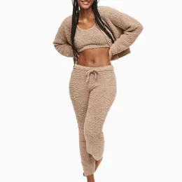 Huifan Custom Women Sweater set Solid Pullover Knit Crop Top Pants Set Winter 3 Piece Suit Loungewear