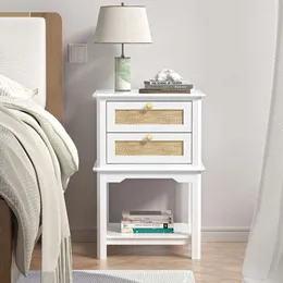 Giluta Farmhouse Wooden with 2 Drawers, Natural Rattan White Side Table, Living Room and Bedroom Bedside Table