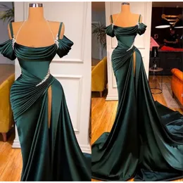 Dark Green Sexy Satin Mermaid Prom Dresses Spaghetti Straps Pleats Seep Train Formal Evening Ocn Pageant Gowns Robe De Soir E Femme