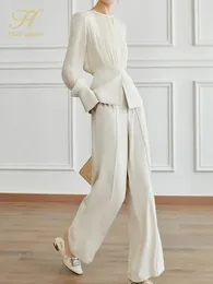H Han Queen Autumn Ockupation 2 -stycken kostym Elegant långärmad topp Simple Wide Leg Pants Korean ol Casual Set 240315