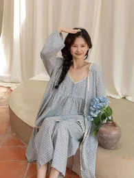 Women Spring Summer 3 Pcs Pajams Gown Set Female Sweet Geometric Printed Robe Top Pants Home Clothing Casual Loose Nightdress 240321