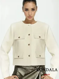 KONDALA Vintage White Short Blazer Women Long Sleeve Pockets Gold Buttons Jackets Fashion Thick Warm Female Outwears 240321