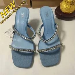 Cheap Store 90% Off Wholesale Za2024 Womens Shoes with Diamond Embellishments Chain Square Head Denim Red Belt High Heels Sandals and Slippers