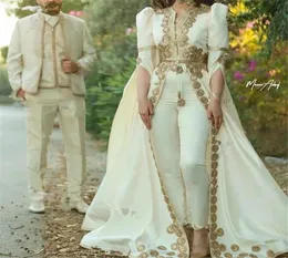Marokańskie spodnie kaftanowe sukienki wieczorowe koronkowe aplikacje Cape Długie rękaw z ramiona arabska sukienka balowa z garniturem 32242529