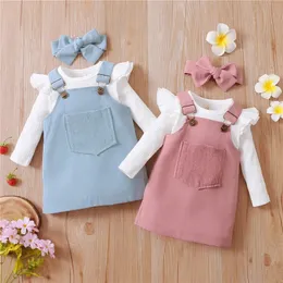 018months 3pcs Baby Girls Outfit Sweet Style Long Sleeve Romper Front Pocket Suspender Skirt Headwear Set Infant Suit 240314