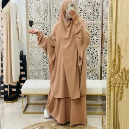 Qnpqyx 2 bit set muslimska kvinnor hijab klänning bön plagg abaya long khimar ramadan arab klänning abayas uppsättningar islamisk klädrock