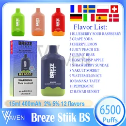 정통 Breze Stiik BS6500 퍼프 일회용 e 담배 vape e-juice 충전식 400mAh 배터리 15ml 용량 6500 퍼프 12 다른 맛