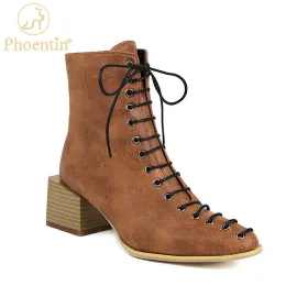 Boots Phoentin Brown Retro Ankle Boots Women's 2021 autumn winter square toe high heel cross tied short Boots Plus size 3448 FT1748