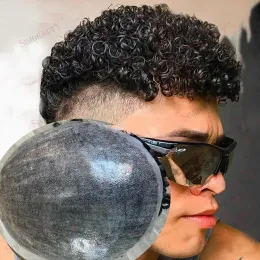 Toupees toupees 15 mm afro kręcone super trwałe pełne policy pu mikroskin afroamerykański mężczyźni toupee ludzkie protezy włosów zamiennik male