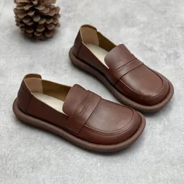 Casual Shoes Johnature 2024 Spring Handgjorda äkta läder Kvinnors mjuka sula runda tå grunt slip-on loafers platt