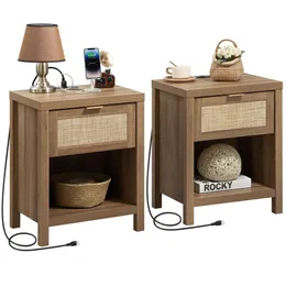 Conjunto de 2 peças de rattan SICOTAS, gavetas de estação de carregamento de cabeceira, mesa de centro boêmia com porta USB e C, adequado para quarto, sala de estar, carvalho