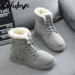 Stivali stivali invernali Pofulove Scarpe rosse grigie per donne con caviglia allacciate stivali da neve Woman Suede scarpe pianeggiante Fashion Botas