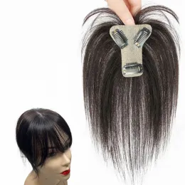 Toppers 7x8cm slik mänskliga hår toppar för kvinnor tunt klipp i topper med 3D luft bangs hårstycken för håravfallsvolym täckning grått hår
