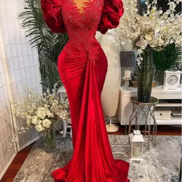 Tamanho árabe plus aso ebi vermelho sereia rendas vestidos de baile frisado sheer neck veet noite formal festa segunda recepção vestidos vestido