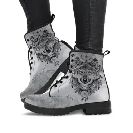 Boots Women's Shoes For Fall/Winter 2021 New Gray And White Wolf Totem Print Fashionable And Comfortable Laceup Hightop Boots