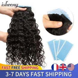 Extensões Isheeny Water Curly Wave Tape em extensões de cabelo humano Remy Curl Wet and Wavy Hair Bundles 12 "26" Cor natural 1B # 20pcs