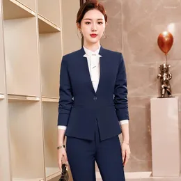 Kvinnors tvådelar Pants 2024 Fashion Navy Blue Blazer Women Business Suits Byxa och jacka set damer arbetar kontor enhetlig stil