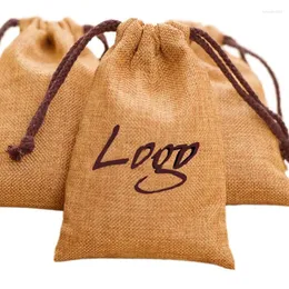 Förvaringsväskor smycken lin gåva 8x11cm 9x12cm 10x15cm 13x17cm paket med 50 anpassade logotyplinne säck kosmetisk jute dragstring påse