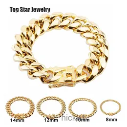 Pulseiras de aço inoxidável 8mm / 10mm / 12mm / 14mm / 16mm / 18mm Banhado a ouro 18k de alto polimento Miami Cuban Link Masculino Punk Curb Chain Borboleta Fecho Y6YA