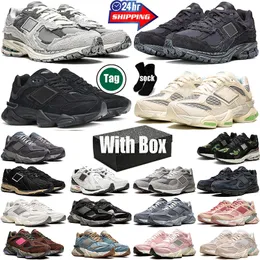 Toppkvalitet med Box New Balanace 2002r 9060 Rinnande skor för män Kvinnor Rain Cloud Quartz Grey Triple Black Phantom December Sky Trainers Sneakers Top