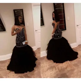 Crystal Beading Sparkly Mermaid Prom Dresses Sweetheart Tulle Gold Evening Party Gowns African Black Girl