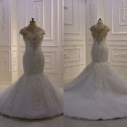 2024 Full Beading Top Mermaid Wedding Dresses Crystal High Collar Capped 소매 신부 가운 구슬 아플리케 웨딩 로브