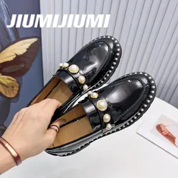 Casual Shoes 2024 Est Jiumijiumi Brutish Style äkta läderkvinnor Flats Loafers Boat Pearl Round-Toes Square Heels