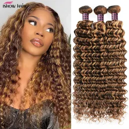 Peruki Ishow Podkreśla pakiety głębokich fali P4/27 Ombre Brown Human Hair Packles 1/3/4 PCS Brazylian Remy Human Hair Wydłużenie dla kobiet