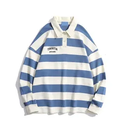 Oversize 150kg vintage stripes contrast polo shirts super Loose style Streetwear Long Sleeve polo male Tops Embroidered letter 240306