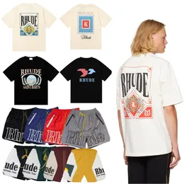 Rhude 셔츠 남성 T 셔츠 디자이너 Tshirt mens 반바지 해변 티 팬츠 옷 여성 면화 짧은 소매 의류 캐주얼 다목적 티 빠른 건조 스웨트 셔츠