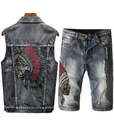 Sommer Neueste Mode Männer039s Sets Vintage Stickerei Indische Punk Stil Zwei Stück Set Retro Blau Denim Weste Loch Zerrissene Jeans8498493