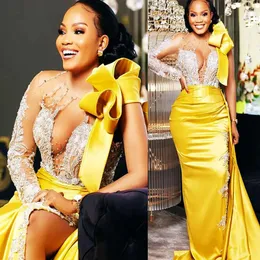 Yellow Aso Ebi Arabic Sheath Prom Dresses Lace Beaded Crystals Evening Formal Party Second Reception Birthday Engagement Bridesmaid Gowns Dress ZJ