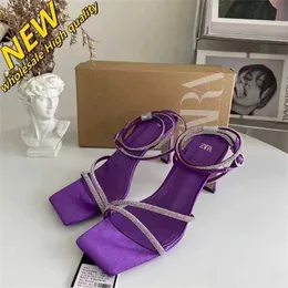 Cheap Store 90% Off Wholesale Zas Womens Shoes High Heels Purple French Style with Rhinestone Stripes Buckle Sandals Diamond Dots Versatile Temperament