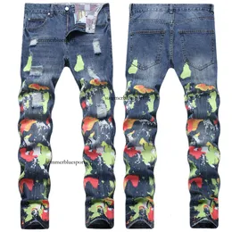 Estilo Hip Hop Angustiado e Lavado Digital Múltipla Cor Impressa Algodão Puro Pequeno Jeans de Perna Reta para Homens