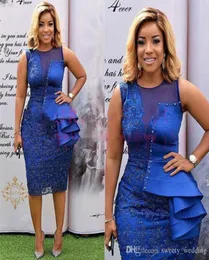 2019 Royal Blue Sheer Jewel Neck Vestidos de Cocktail Lace Apliques Sereia Comprimento do Chá Ocasião Formal Vestidos de Festa de Baile Custom Made4498573