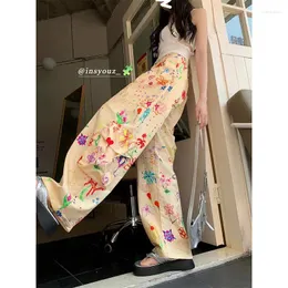 Women's Jeans Summer Unique Graffiti Print Casual Pants High Waist Loose Sweeping Wide Leg Wear