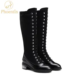 Stövlar Phoentin Punk Rivet Mid Calf Boots For Women Med Square Heel Pointed Toe Patchwork Kort stövel Plus Size STORA WOMENS SOOTS FT280