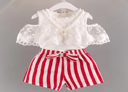 2019 Summer New Korean Lace Shoulder top with striped shorts Two children039s suits One hair replacement Q07016008440
