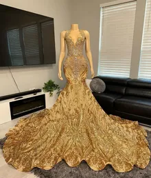 Gold Sparkly Trumpet Evening Ceremony Reception Dresses for Black Girl 2024 Luxury Diamond Gillter Prom Gala Gown see through