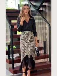 Fashion Print Spliced Midi Skirt Set For Women Elegant Lapel Collar Long Sleeves Shirt Suit Spring Office Lady High Streetwear 240312