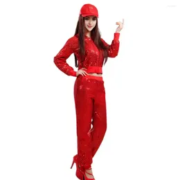 Women's Two Piece Pants Cheerleader Costume Shiny Sequin Adult Performance Suit Set With Hooded Zipper Elastic Waist For Hop Modern Dance