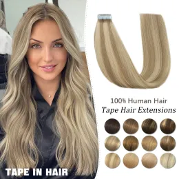 Uzantılar 24 inç kesintisiz% 100 gerçek insan saçı bant saç uzantılarında insan saçı derisi atkı doğal görünmez slik düz salon kalitesi