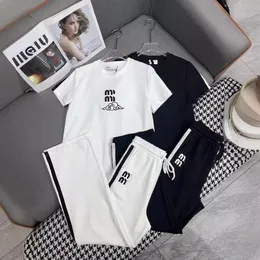 Two piece set women designer t shirt MM 24ss New hooded short sleeved hooded top wide leg pants set with letter embroidered ribbon decoration