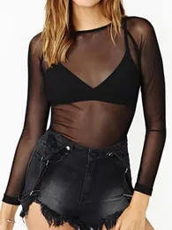 Primavera verão das mulheres manga longa sexy preto malha blusas transparentes punk clube camisa camisetas praia topos 240321