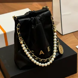22Bag Women Large Capacity Pearl Necklace Gold Coin Pendant Patent Leather CalfSkin Garbage Bag With A Detchable Small Bag Letter Decoration Shoulder Bag 20x20cm