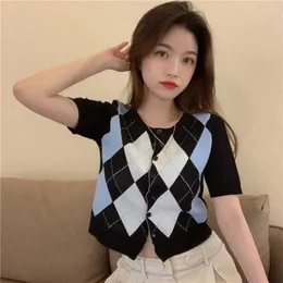 여자 T 셔츠 여자 Tshirts 마름모 종말 여름 짧은 투프 카디건 작물 탑 Mujer Camisetas