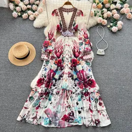 Mulheres profundo vneck estilo boêmio vestido primavera verão pista manga longa casual floral impressão babados doce cascata vestidos 240306