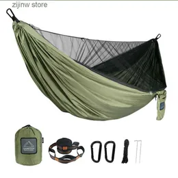 Hammocks Portable Quick Set 290 * 140 cm resor utomhus camping hängmatta hängande sömn svängande säng med myggnät y240322